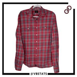 UNTUCKit Men's Plaid Pockets Long‎ Sleeve Button Down Shirt Red Blue Size Medium